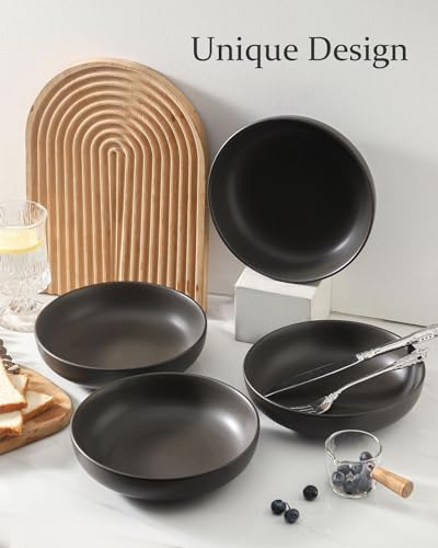 Tikooere Stoneware Pasta Bowls, 34 oz Large Salad Bowl Set of 4, Ceramic Serving Bowls for Ramen, Pasta, Fruit, Cereal, Dinner, Wide and Shallow Bowls, Microwave & Dishwasher Safe, Matte Black
