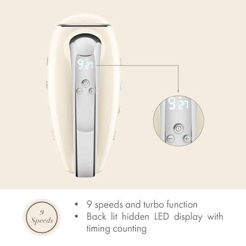SMEG HMF01 9-Speed Retro Hand Mixer – 220W Motor, Smooth Start, Turbo Function, LED Timer Display, Stainless Steel Whisks, Beaters & Dough Hooks, Premium Die-Cast Aluminum Body