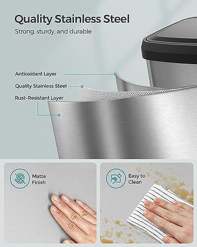SONGMICS Kitchen Trash Can, 13 Gallon (50 L) Stainless Steel Garbage Can, with Stay-Open Lid and Step-on Pedal, Soft Closure, Tall, Large and Space-Saving, Silver and Black ULTB530E50