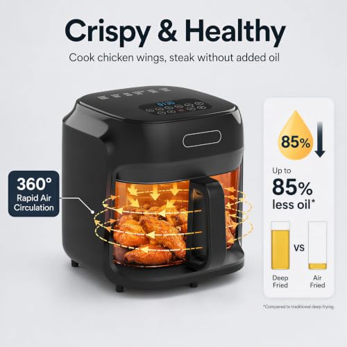 7.4QT Air Fryer with Glass Bowl, Visible Window Lid, Digital Control, 360° Rapid Air Circulation, for Healthy Oil-Free Cooking & Baking, Dishwasher Safe, Nonstick, Easy Clean (Black)