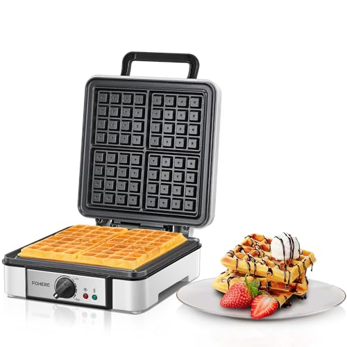 FOHERE Waffle Maker 4 Slices, 1200W Square Waffle Iron, 5 Browning Levels, Nonstick Plates, Cool-touch Handle, Anti-scald, Anti-overflow, Indicator Lights, Recipe, White (Large)