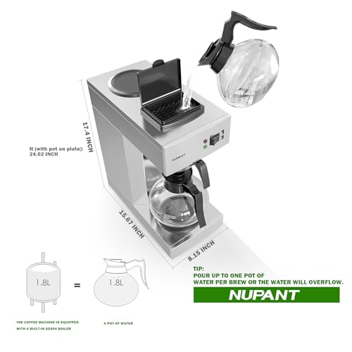 NUPANT 12-Cup Coffee Maker 1.8L Commercial Drip Coffee Maker Pour Over Coffee Machines with 2 Glass Carafes and 2 Warmers Plate Stainless Steel Coffee Brewer for Cofe Bar and Restaurant