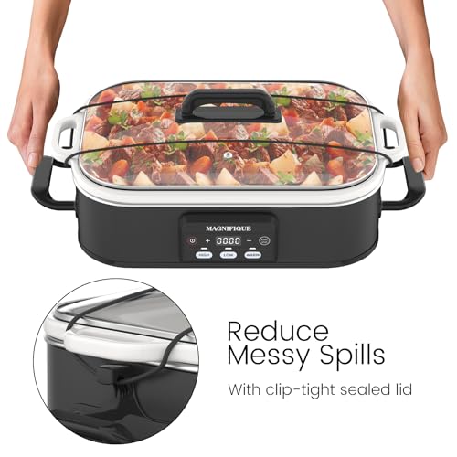 4 Quart Casserole Programmable Slow Cooker with Ceramic Baking Dish - Perfect Kitchen Small Appliance for Family Dinners, Oven Safe and Durable Bakeware for Lasagna, Roasts, Black
