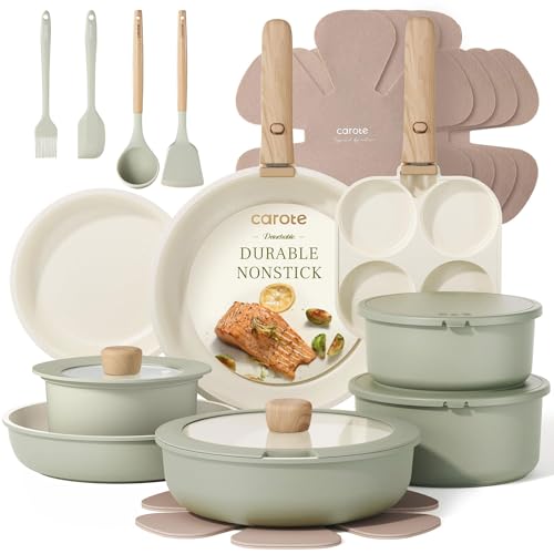CAROTE 25pcs Pots and Pans Set Non Stick, Cookware Sets, Kitchen Set, Oven/Dishwasher/Fridge Safe, Space Saving Pots