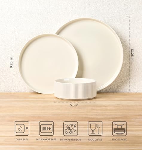 TheTerra Ceramic Dinnerware Sets for 4, 12 Pieces Porcelain Lightweight Plates and Bowls Sets, Scratch Resistant Dish Set, Oven & Microwave & Dishwasher Safe, Beige