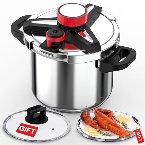 18/8 Stainless Steel Pressure Cooker 10 Quart, [One-Hand Locking] Pressure Cooker, [3-In-1] Olla de Presion, Induction Compatible, Gas Stovetop Compatible,Includes Glass Lid & Steamer Rack