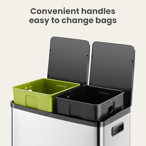 DUMOS Kitchen Trash Can, 2x8-Gallon Dual Trash Can with Lid, Stainless Steel Garbage Bin with 2 Removable Inner Buckets, Soft-Close Foot Pedal, Fingerprint-Resistant for Kitchen, Home, Office