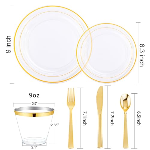 WELLIFE 600pc Gold Trim Plastic Dinnerware Set for Party: 100 Dinner Plates, 100 Dessert Plates, 300 Cutlery, 100 cups