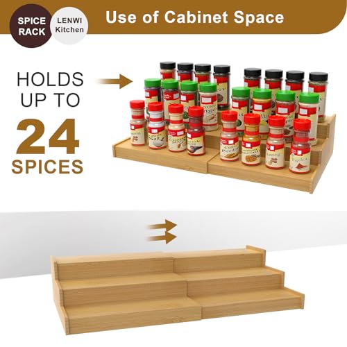 Lenwi Spice Rack Organizer for Cabinet, 3 Tier Expandable Bamboo Spice Storage for Kitchen Cupboard Pantry
