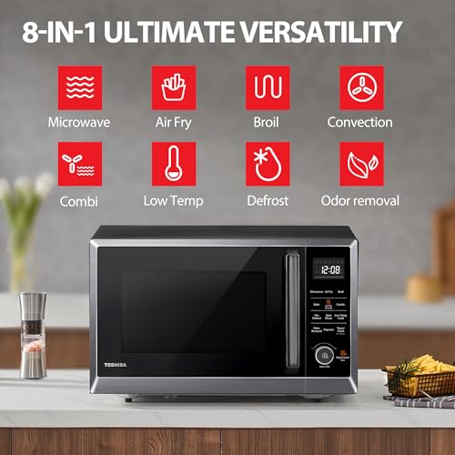 TOSHIBA Air Fryer Combo 8-in-1 Countertop Microwave Oven, with Convection, Broil, Odor Removal Mode, 12.4" Position Memory Turntable, Child-Lock, 1.0 Cu.ft, Black Stainless Steel, ML2-EC10SA(BS)