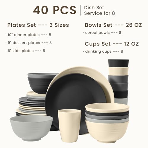 Homienly Kitchen Wheat Straw Dinnerware Set 40 PCS - Dinner Plates, Cereal Bowls, Wheat Straw Cups Set, Microwave and Dishwasher Safe Dishes Set, Unbreakable Dish Set for Party, Outdoor(Grey Stone)