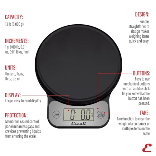 Escali Telero Digital Food Scale, Multi-Functional Kitchen Scale, Precise Weight Measuring and Portion Control, 7.62 x 6.1 x 1.28 inches, Black (T136)
