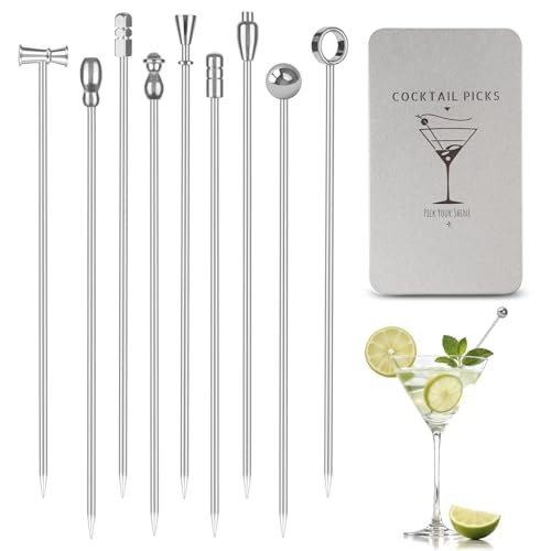 Metal Martini Cocktail Picks 9 Pcs, 4.1 in Olive Skewers Stainless Steel, Martini Garnish Sticks Reusable, Metal Toothpicks for Drinks, Appetizers, Bar Accessories Gift for Bartenders - Sliver