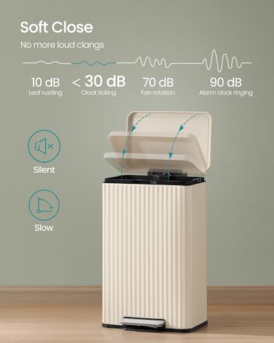 SONGMICS Trash Can, 13 Gallon (50 L) Garbage Can for Kitchen, with Lid, Pedal, and Removable Inner Bucket, Soft Close, Stainless Steel, 15 Trash Bags (Code K) Included, Cream White ULTB586LZ01