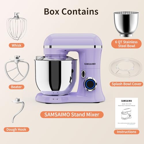 SAMSAIMO 3-IN-1 Electric Stand Mixer, 10-Speed With Pulse Button, Attachments include 6.5QT Bowl, Dough Hook, Beater, Whisk for Most Home Cooks (Purple)