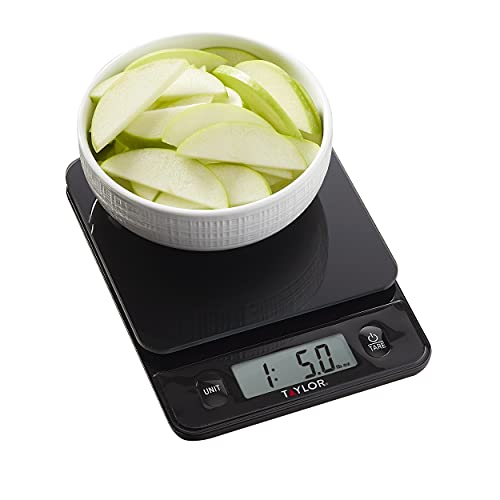 Taylor Glass Top Food Scale with Touch Controls, 11 lb Capacity, Sleek Black Design for Precision Food Measurement in Grams and Ounces