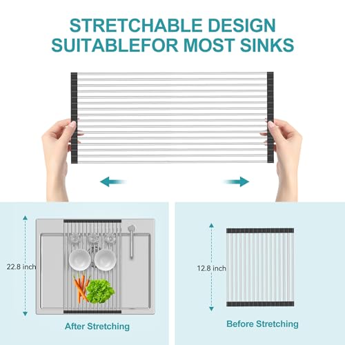 Extra Large Expandable Roll Up Dish Drying Rack,Over The Sink Drying Rack Sink Cover Kitchen Sink Accessories Kitchen Rolling up Stainless Steel Drainer, Foldable,Rollable（Black，22.8''-12.4''）