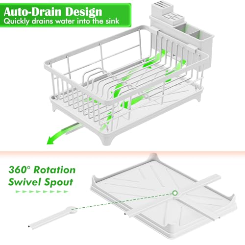 Kmiectse Dish Drying Rack - Space-Saving Small Dish Rack for Kitchen Counter, Rust-Resistant Kitchen Drying Rack, Compact Dish Drainer Organizer with Utensil Holder for Home Kitchen, White