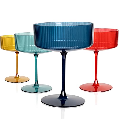 Ciaell 12PCS Plastic Ribbed Martini Glasses - 10 Oz Colored Disposable Coupe Glasses with Stem - Heavy Duty Margarita Cups for Bars, Cocktails, Whiskey, Parties & Wedding