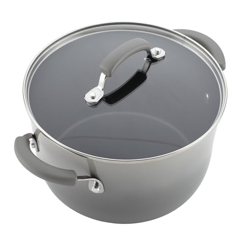 Rachael Ray Cookware Classic Brights Hard Enamel Aluminum Nonstick Cookware Set, 14-Piece, Sea Salt Gray