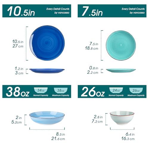 vancasso Bonita Stoneware Dinnerware Sets 24 Pieces Service for 6, Hand-Painted Spiral Dishes Set, Ceramic Kitchen Plates and Bowls Sets-Microwave and Dishwasher Safe (Blue,24 Pcs)