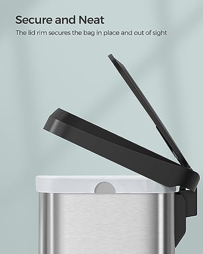 SONGMICS Kitchen Trash Can, 13 Gallon (50 L) Stainless Steel Garbage Can, with Stay-Open Lid and Step-on Pedal, Soft Closure, Tall, Large and Space-Saving, Silver and Black ULTB530E50