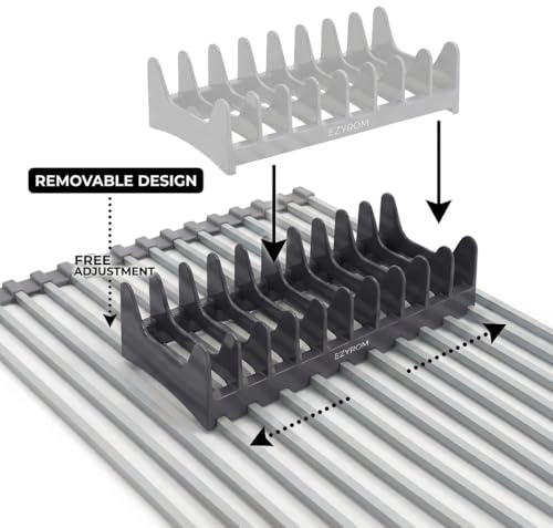 EZYROM Medium Aluminum Roll Up Dish Drying Rack (17" x 13") - Fits Sinks up to 16 Inches, Heavy Duty Square Bar, Rust-Proof & Heat Resistant with Removable Dish Holder (Purple Gray Medium)