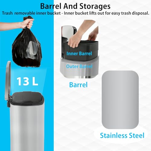 BestMassage 13 Gallon (50L) Stainless Steel Trash Can with Lid, Removable Inner Bucket, Foot Pedal, Soft Close for Home, Kitchen, Office