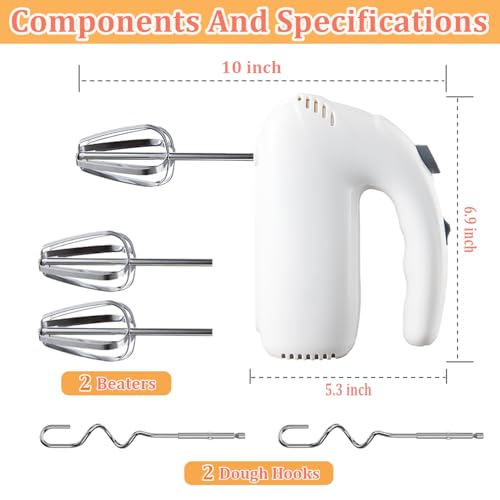 Katroiy 300W Hand Mixer Electric Handheld, 5 Speed Lightweight Kitchen Blender, Turbo Boost/Self-Control Speed Hand Held Beater Mixer with 4 Stainless Steel Whisks for Baking Cakes Eggs Cream, White