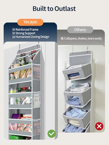 Yecaye 5 Tier Over the Door Organizer, Swing-proof Door Organizer Hanging with Clear PVC Windows, Behind the Door Storage for Bedroom Nursery Closet Laundry Pantry Bathroom, Grey