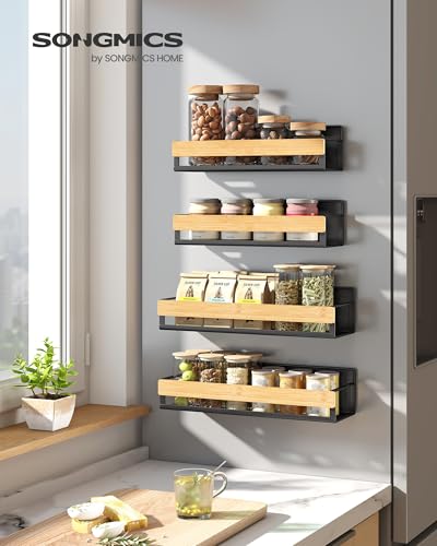 SONGMICS Magnetic Bamboo Spice Rack for Refrigerator, 4 Pack, 2 Large and 2 Small Kitchen Magnetic Shelves for Washing Machine, Spice Organizers, No Drilling Needed, Ink Black UKCS062BH01