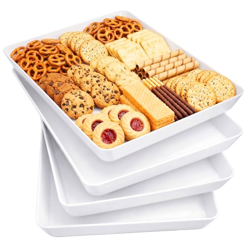 Lifewit 16" x 12" Extra Large Plastic Serving Trays for Party, 4 Pack Reusable White Food Platters for Cookies, Desserts, Fruit, Appetizers & Charcuterie, BPA-Free Catering Trays for Parties & Buffets