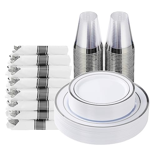 Goodluck 175 Piece Silver Plastic Dinnerware Set for 25 Guests, Fancy Disposable Plates for Party, Include: 25 Dinner Plates, 25 Dessert Plates, 25 Pre Rolled Napkins with Silver Silverware, 25 Cups