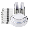 Goodluck 175 Piece Silver Plastic Dinnerware Set for 25 Guests, Fancy Disposable Plates for Party, Include: 25 Dinner Plates, 25 Dessert Plates, 25 Pre Rolled Napkins with Silver Silverware, 25 Cups