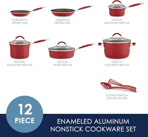 Rachael Ray Cucina Nonstick Cookware, Cranberry Red Pots and Pans Set, 12-Piece
