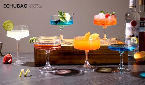 Echubao Coupe Glasses Set of 6, Ribbed Large Martini Glass, 10oz Vintage Cocktail Glasses for Espresso Martini, Manhattan, Margarita, Pisco Sour, Home Bar