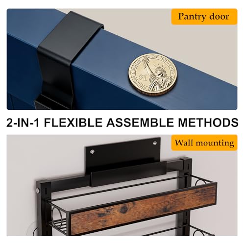 Clothink 8 Tier Over The Door Pantry Orangizer 2 IN 1 Wall Mounted or Hanging Spice Rack with Adjustable Wood Basket,Heavy Duty Seasoning Storage Shelf for Kitchen Pantry and Bathroom