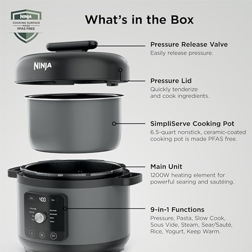 Ninja HyperHeat 9-in-1 Electric Pressure Cooker | 6.5 Qt Multi Cooker with Sear/Sauté, Slow Cooker, Rice Cooker, Sous Vide | 1200W | Fast Cooking, PFAS-Free Pot | Dark Gray | PC201GY