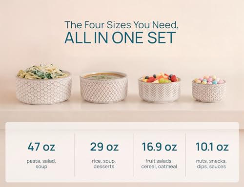 KooK Serving Bowls, with Lids, Ceramic Nesting Bowls, Set of 4, Embossed, Kitchen, Prep, Stackable, Gift, Microwave and Dishwasher Safe, 10/16/29/47 oz, Narbonne Collection (Ivory)
