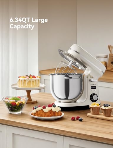 Neretva Stand Mixer, 6.34QT & 6 Speed Professional Mixers Kitchen Electric Stand Mixer Super Stable & Lower Noise Household Stand Mixer with Stainless Steel Bowl, Whisk, Flat Beater, Dough Hook -Beige