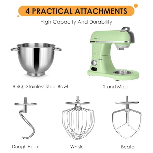 ZACME 8.4QT Commercial Stand Mixer 800W with Aluminum Die Casting Meets the Standard of NSF/ANSI 8-2023, Mixers Kitchen Electric Stand Mixer with Stainless Steel 8L Bowl, Dough Hook, Whisk and Beater