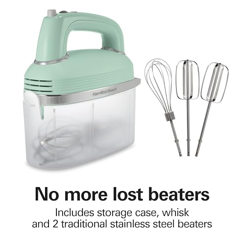 Hamilton Beach Vintage-Style 5-Speed Electric Hand Mixer, Powerful 1.3 Amp DC Motor for Effortless Mixing & Consistent Speed in Thick Ingredients, Slow Start, Beaters and Whisk, Green (62601N)