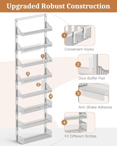 POKIPO Over the Door Pantry Organizer 8-Tier, Large Metal Door Spice Rack with Adjustable Basket, 2 in 1 Wall Mount or Hanging Heavy-Duty Pantry Door Storage Shelf for Kitchen and Bathroom, White