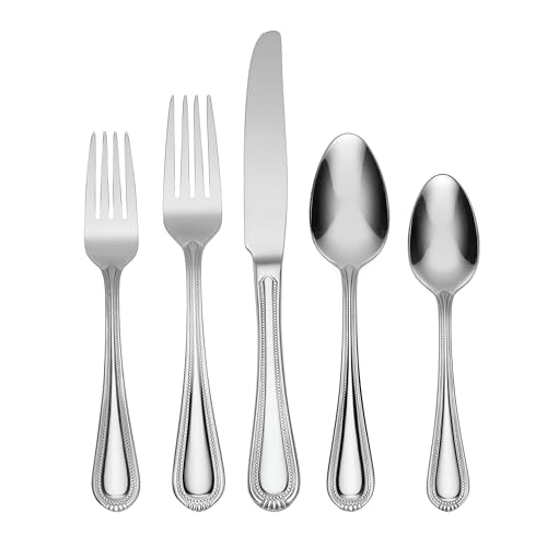 Oneida Silverware Set For 8, Countess 45-Piece Everyday Flatware Set with Serving Utensils, Service For 8, Bead Pearl, 18/0 Stainless Steel, Dishwasher Safe,Knives Spoons & Forks Set (Silver 45 Piece)