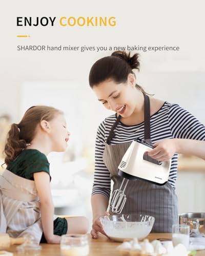 SHARDOR Hand Mixer Electric, 6 Speed & Turbo Mixer Electric Handheld, Snap-On Storage Case,5 Stainless Steel Accessories for Whipping, Mixing Cookies, Brownie, Cakes, Dough Batters, White