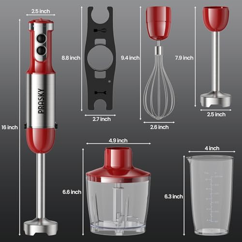 Immersion Blender Handheld 1200W, 5-in-1 Hand Blenders, 20 Speeds Hand Mixer, Stainless Steel Blades, Milk Frother Wand, Whisk, Beaker, Suitable for Kitchen, Protein Shakes and Baby Food (Red)