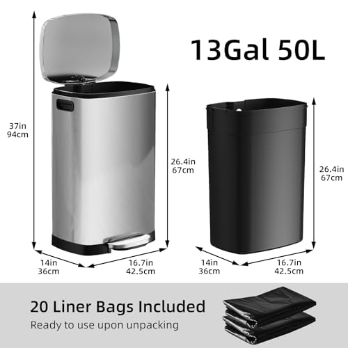 KUK 13 Gallon/50L Stainless Steel Kitchen Trash Can with Lid and Step Pedal-Large Capacity Garbage Bin with Odor Seal, Silent Close Lid, Removable Inner Bucket for Home, Kitchen, Bedroom, Office