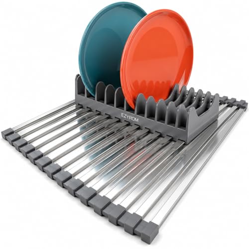 EZYROM Medium Aluminum Roll Up Dish Drying Rack (17" x 13") - Fits Sinks up to 16 Inches, Heavy Duty Square Bar, Rust-Proof & Heat Resistant with Removable Dish Holder (Purple Gray Medium)