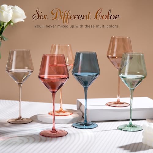 Colorsavant Colored Wine Glasses Set of 6-16OZ Colorful Wine Glass with Stem【HandBlown】 Muted Wine Glasses Colored Set,Wine Gifts for Mothers Day