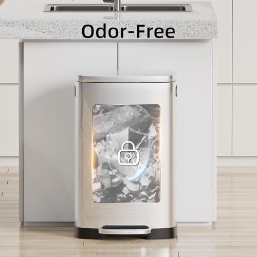 KUK 13 Gallon/50L Stainless Steel Kitchen Trash Can with Lid and Step Pedal-Large Capacity Garbage Bin with Odor Seal, Silent Close Lid, Removable Inner Bucket for Home, Kitchen, Bedroom, Office